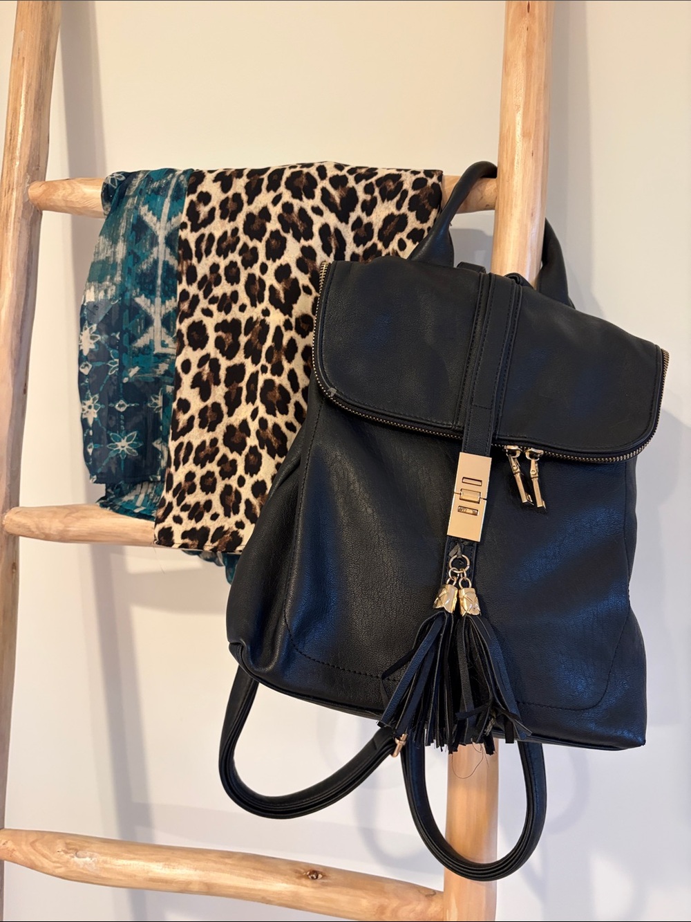 Chic Black Faux-Leather Tassel Backpack